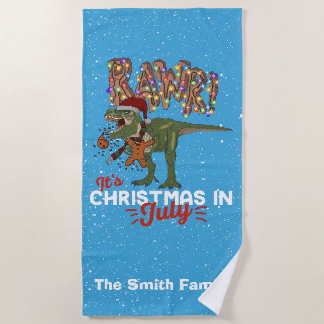 Toalha De Praia Natal em julho Dinossauro Engraçado Personalizado (Frente)