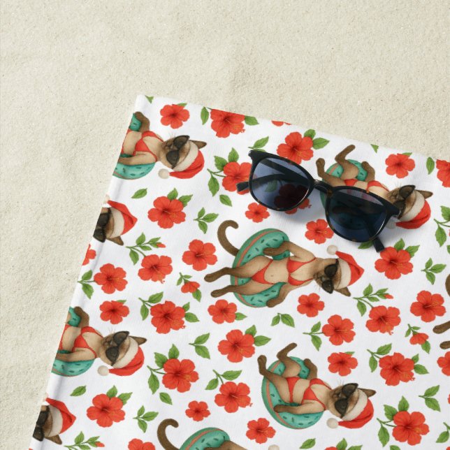 Toalha De Praia Natal Gato em julho flor de Hibiscus Vermelho Hava (In Situ)