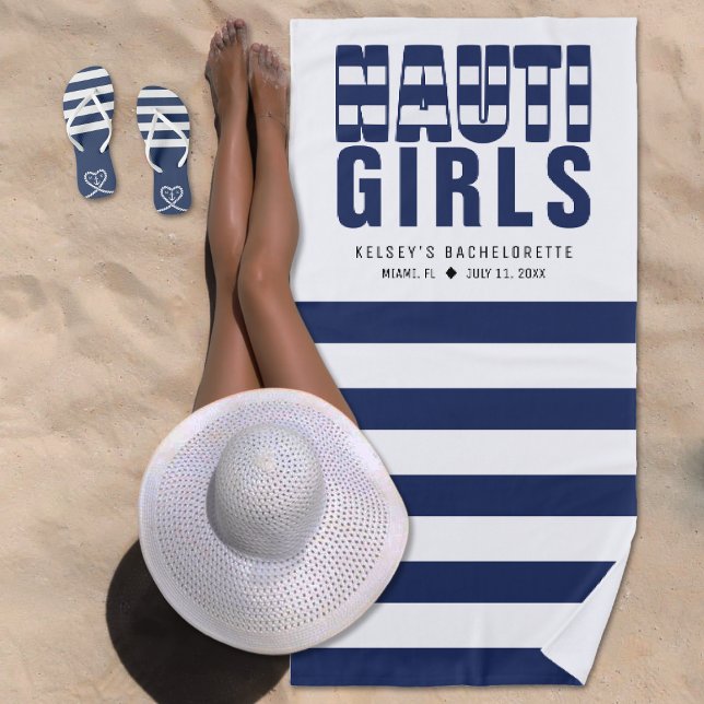 Toalha De Praia Nauti Garotas Listrado Marítimo Despedida de Solte (Nauti Girls Striped Nautical Bachelorette Party Beach Towel
)