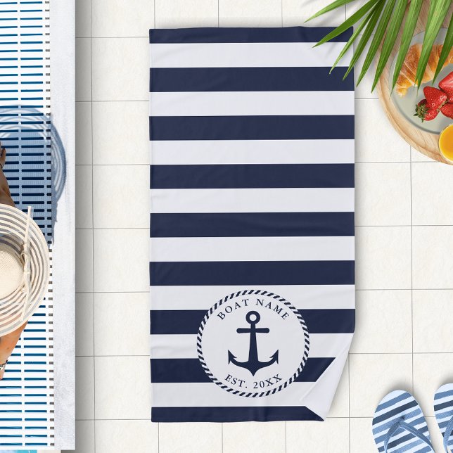 Toalha De Praia Náutica Anchor Boat Name Marinho Blue White (Custom Nautical Navy Blue and White Beach Towel with Anchor  and Stripes)