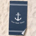 Toalha De Praia Náutica Ancoradora Náutica Nome do Barco Marinho C<br><div class="desc">Ancoragem Náutica Vintage com seu nome de barco personalizado Marinho Cinza Azul Toalha de Praia. Esta toalha personalizada não só o manterá seco,  como também é uma peça divertida de conversa. Faz um presente de excelente para qualquer ocasião.</div>