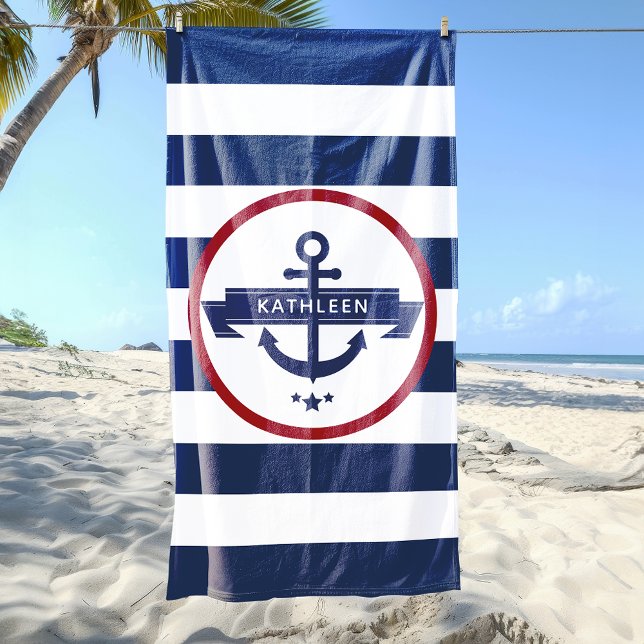 Toalha De Praia Náutica Nome da Âncora Marinho Blue Stripes (Nautical Anchor Name Navy Blue Stripes Beach Towel)