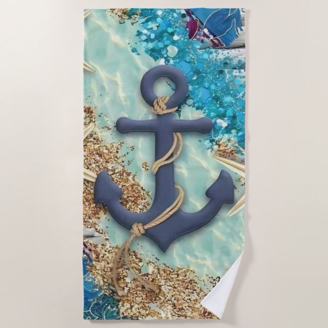 Toalha De Praia Nautical Beach Towel with Blue Anchor  (Frente)