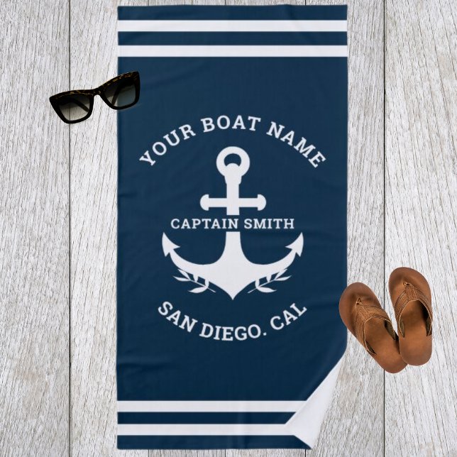 Toalha De Praia Nautical Navy Blue Boat Name (Criador carregado)