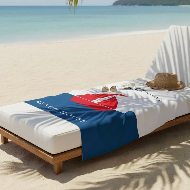 Toalha De Praia Nautical Red Sailboat Personalized Family Name  (Criador carregado)