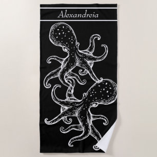Toalha De Praia Náutico Branco Moderno Octopus negro