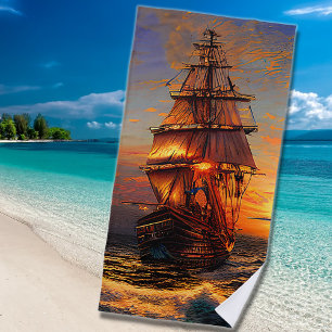 Toalha De Praia Navio de Navegação de Pirata Castanho Azul Céu Lar