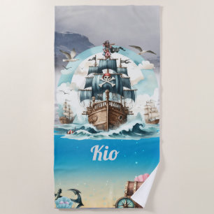 Toalha De Praia Navio pirata que navega na praia do mar