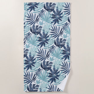 Toalha De Praia Navy Blue Aqua & White Palm Leaf