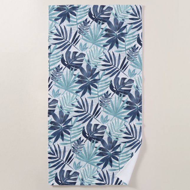 Toalha De Praia Navy Blue Aqua & White Palm Leaf (Frente)