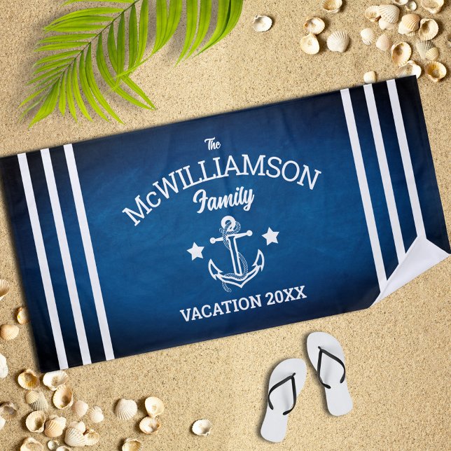 Toalha De Praia Navy Blue Nautical Theme Family Event Beach Towel (Criador carregado)