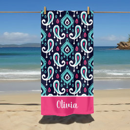 Toalha De Praia Navy e Pink Ikat Paisley Monograma de Nome