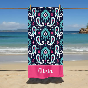 Toalha De Praia Navy e Pink Ikat Paisley Monograma de Nome
