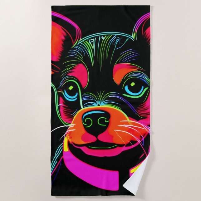 Toalha De Praia Neon Canine Puppy Art (Frente)
