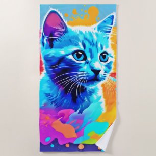 Toalha De Praia Neon Cat Azul no Splatter