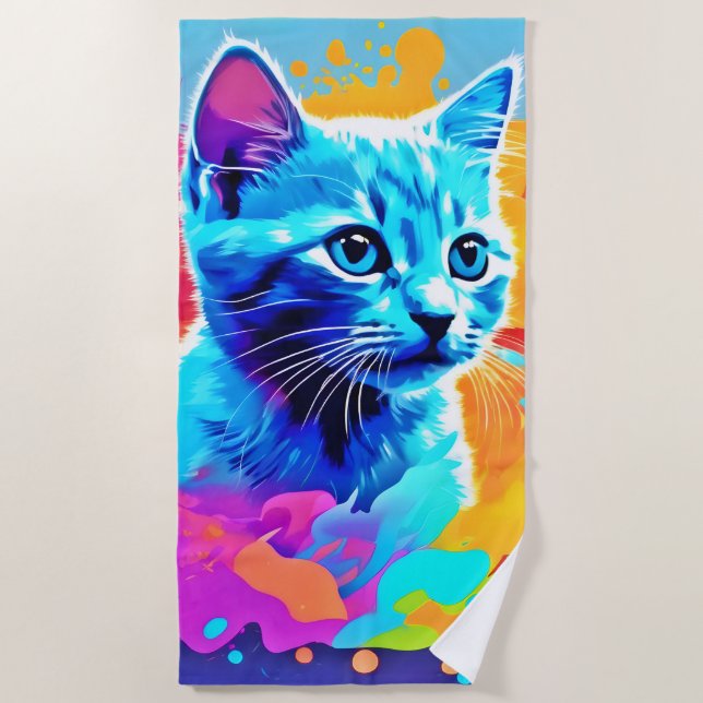 Toalha De Praia Neon Cat Azul no Splatter (Frente)