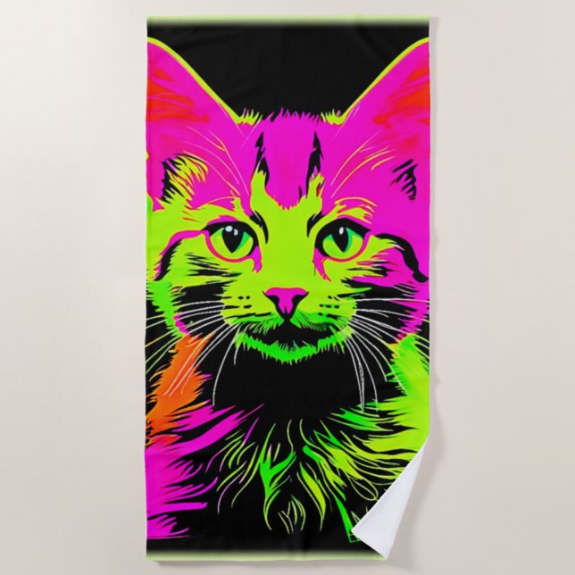 Toalha De Praia Neon Cat Portrait (Frente)