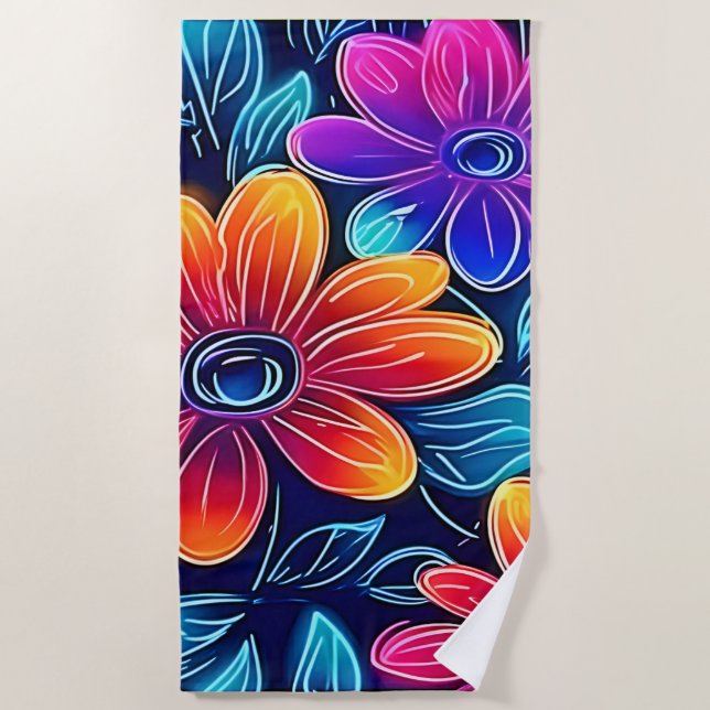 Toalha De Praia Neon Flowers Bloom Bright (Frente)
