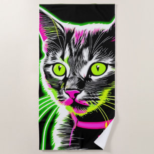 Toalha De Praia Neon Gatinho Feline Art
