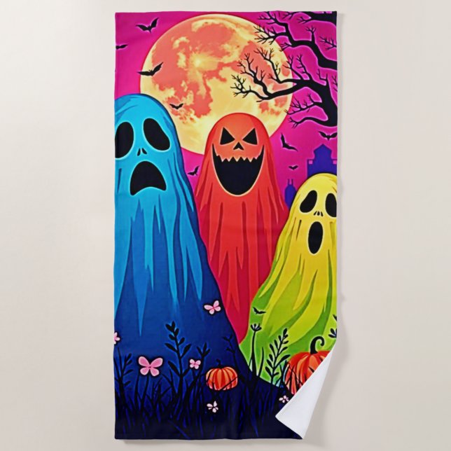 Toalha De Praia Neon Ghosts Halloween Party Design (Frente)