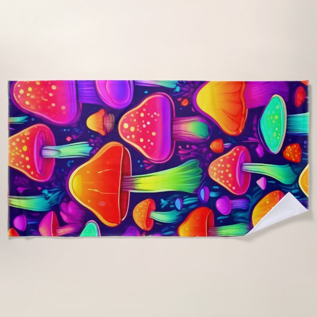 Toalha De Praia Neon Glow Mushroom Forest (Frente)