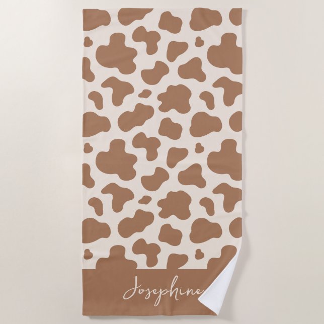 Toalha De Praia Neutral Boho Cow Print Western Cowgirl Beige Name (Frente)