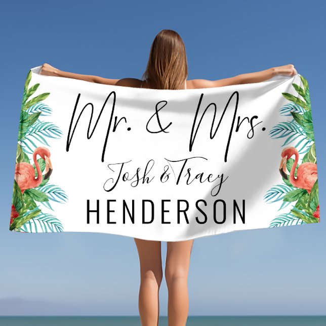 Toalha De Praia Noiva e noiva, Sr. e Sra. Tropical Personalizada (Bride and Groom, Mr and Mrs Tropical Custom Beach Towel)
