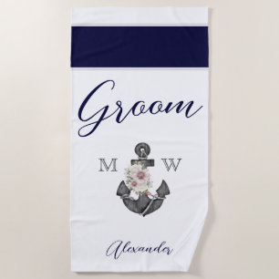 Toalha De Praia Noiva Floral Âncora Náutica Casamento Marinho Bran