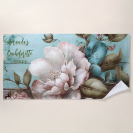 Toalha De Praia Noiva Personalizada Vintage Azul e Branco Floral