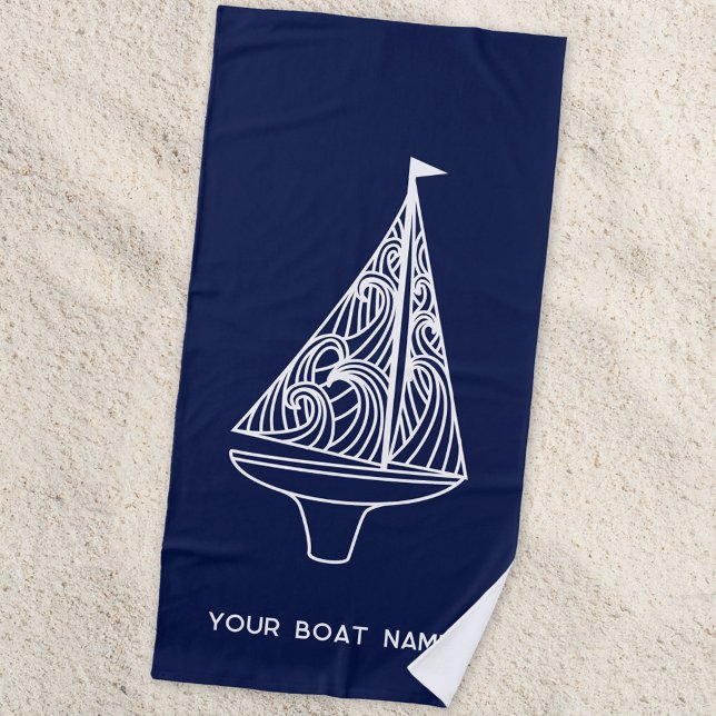 Toalha De Praia Nome da embarcação à vela Azul Marinho náutico (Your boat name custom text sailing boat yacht navy blue beach towel)