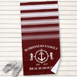 Toalha De Praia Nome da família Beach House Âncora do mar Vermelho<br><div class="desc">Seu nome de família personalizado Casa de praia com uma âncora náutica do cavalo marinho em uma Na moda Beach Towel. Esta toalha personalizada não só o manterá seco,  como também é uma peça divertida de conversa. Faz um presente de excelente para qualquer ocasião.</div>