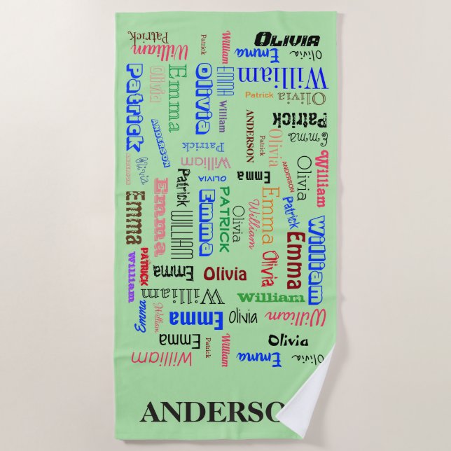 Toalha De Praia Nome da Família 🃏 Colagem de Palavras (Frente)