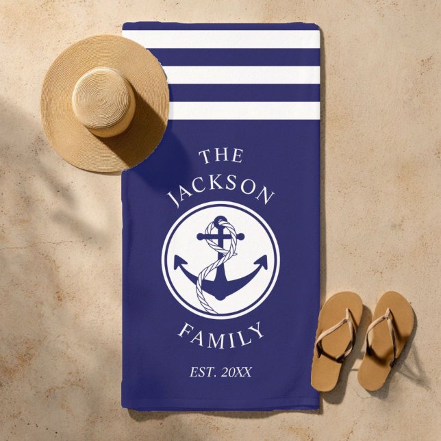 Toalha De Praia Nome da Família Náutica Náutica Náutica Bandas de  (Personalized Navy Blue Nautical Anchor Beach Towel)