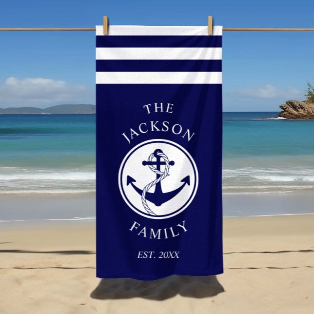 Toalha De Praia Nome da Família Náutica Náutica Náutica Bandas de  (Custom Family Name Nautical Ship Anchor Stripes Beach Towel)