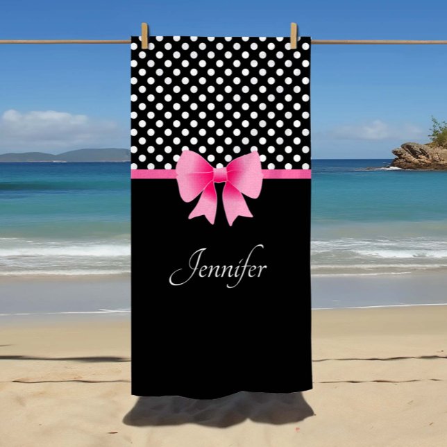 Toalha De Praia Nome das Bolinhas Pretas e Brancas da Faixa Rosa (Custom Name Pink Ribbon Black & White Polka Dots Name Beach Towel)