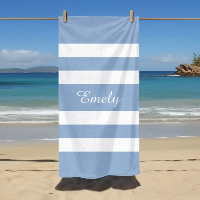 Toalha De Praia Nome das faixas azuis modernas (Modern Blue Stripes Name Beach Towel)