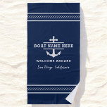 Toalha De Praia Nome de Barco Náutico Personalizado Bem-vindo a Bo<br><div class="desc">Personalize suas aventuras com nossa toalha de praia náutica personalizada,  com um nome de âncora e barco.</div>