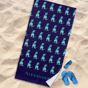 Toalha De Praia Nome de Menino Personalizado Dinossauro Azul
