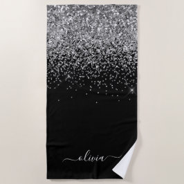 Toalha De Praia Nome de Monograma Glitter Prateado Preto Feminino