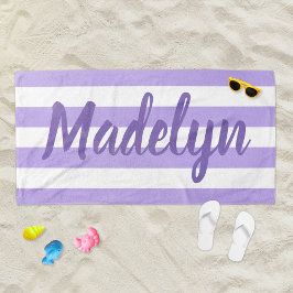 Toalha De Praia Nome de Script Striped Roxo Personalizado