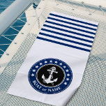Toalha De Praia Nome do Barco Estrelas de Âncora Náutica Estrelas<br><div class="desc">Seu nome personalizado ou nome do barco (Capitão Fileira ou Texto Personalizado), com uma Âncora Náutica Personalizada, estrelas e faixas em um Marinho azul e preto em uma Toalha White Beach. Esta toalha personalizada não só o manterá seco, como também é uma peça divertida de conversa. Faz um presente de...</div>