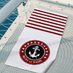 Toalha De Praia Nome do Barco Estrelas de Âncora Náutica Strips Ve<br><div class="desc">Seu nome personalizado ou nome do barco (Capitão Fileira ou Texto Personalizado), com uma Âncora Náutica Personalizada, Estrelas e Stripes em Na moda Deep Red e Black em uma Toalha White Beach. Esta toalha personalizada não só o manterá seco, como também é uma peça divertida de conversa. Faz um presente...</div>