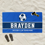 Toalha De Praia Nome do Jogador de Futebol Azul do Marinho Real Pe<br><div class="desc">Design de toalha de praia personalizada para crianças e adolescentes apresenta uma bola de futebol personalizada com o número uniforme do jogador, texto personalizado para o primeiro ou sobrenome do jogador e texto moderno para o nome do time do futebol. Faz um presente de favor único para torneios e festas...</div>