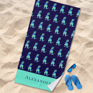 Toalha De Praia Nome do Menino Personalizado Dinossauro Azul Verde