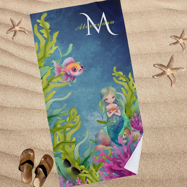 Toalha De Praia Nome do Monograma Bonito Mermaid Beach Towel (Criador carregado)