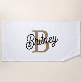 Toalha De Praia Nome do Monograma Elegante Moderno Script Dourado 
