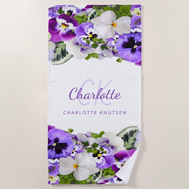 Toalha De Praia Nome do monograma floral branco violeta (Frente)