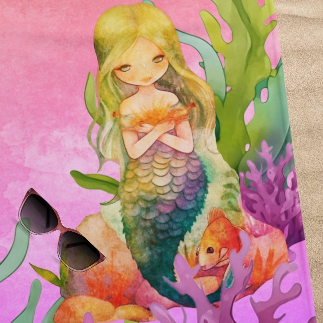 Toalha De Praia Nome do Monograma Gelado Mermaid Pink Beach Towel (Criador carregado)