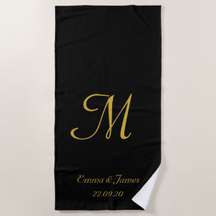 Toalha De Praia Nome do Newlyweds Elegante Dourado e Negro