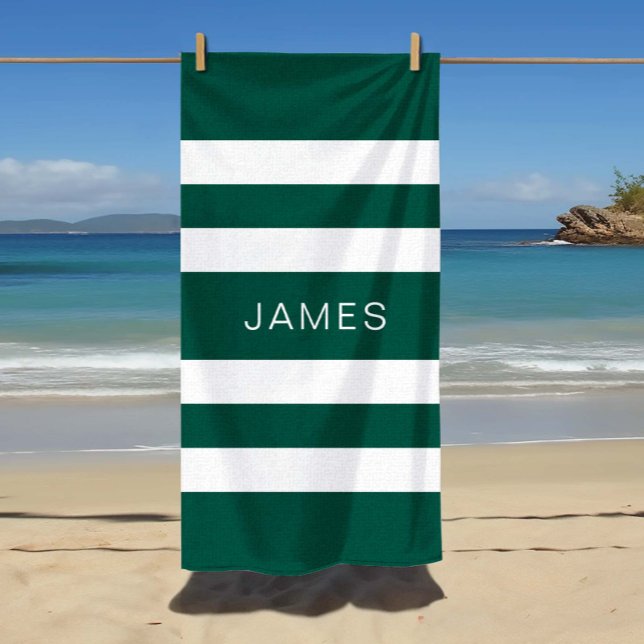 Toalha De Praia Nome do Padrão de Stripes Brancas Verdes Elegante  (Modern Elegant Green White Stripes Pattern Name Beach Towel)